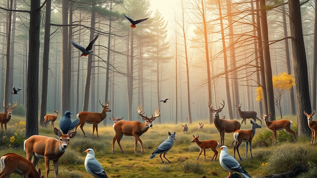 A forest ecosystem with diverse wildlife thriving in balanced harmony, showing natural carrying capacity with deer, birds, and vegetation in sustainable equilibrium