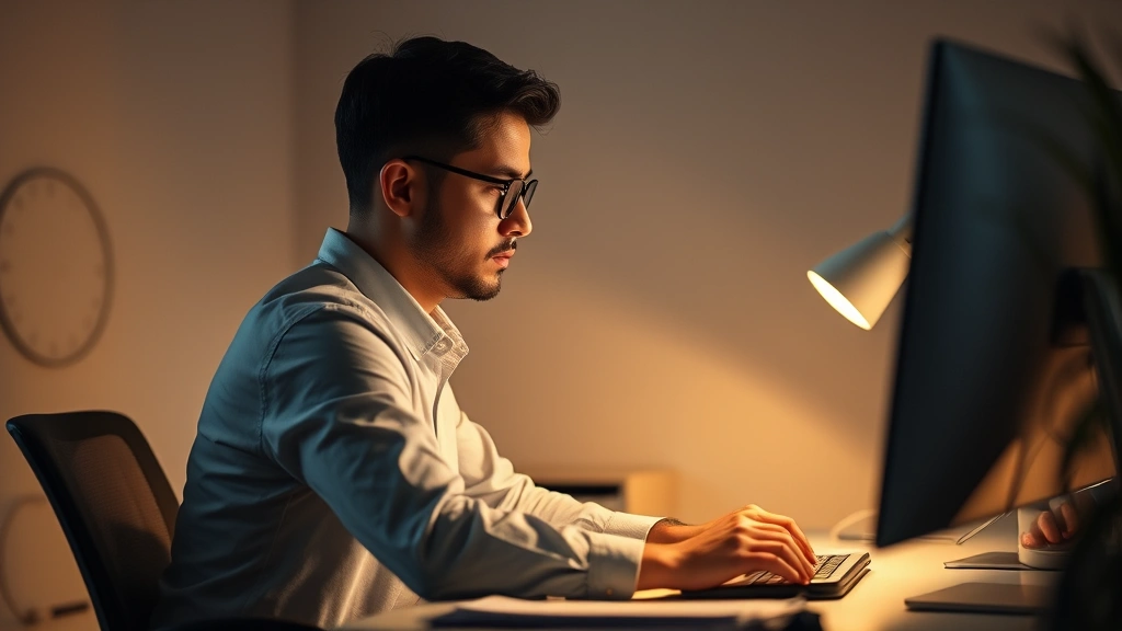 Individual in deep concentration during work session, clean minimal desk environment, warm lighting, showing engaged productive state, professional yet comfortable setting