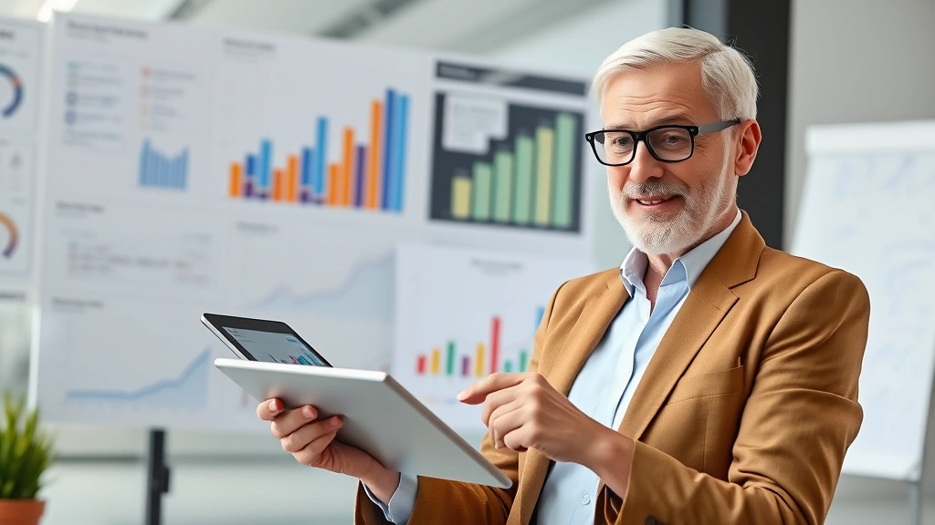 A business professional analyzing growth charts and data on a tablet, showing the transition from rapid expansion to stable optimization phase with confident expression