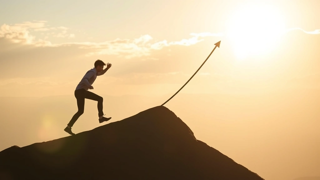 Person climbing a steep exponential curve graph with determination, morning sunlight, motivational energy, professional setting, no text or numbers visible