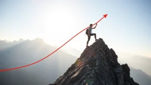 Person climbing steep mountain with exponential curve overlay, determined expression, morning sunlight, representing breakthrough growth moments and upward trajectory