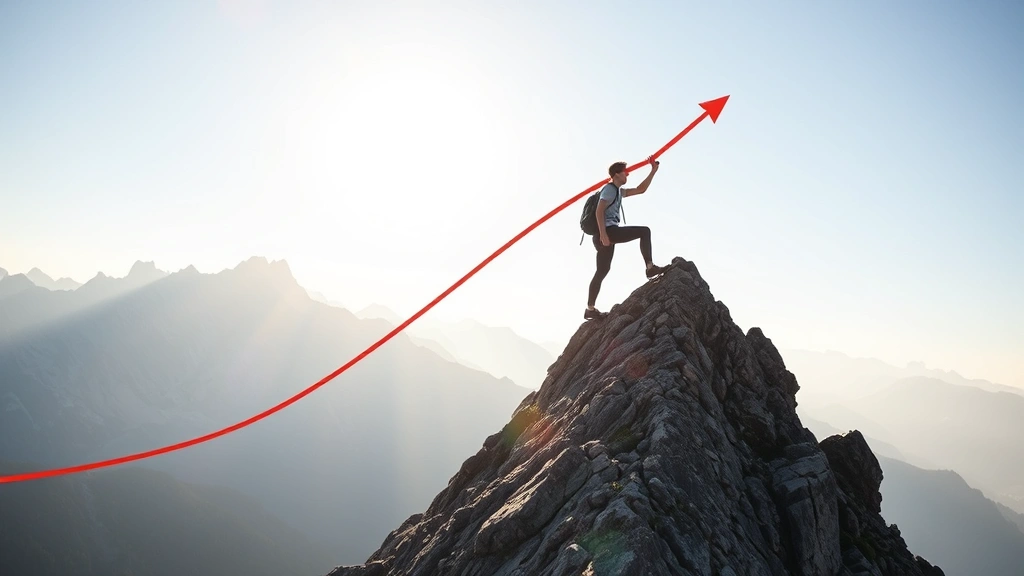 Person climbing steep mountain with exponential curve overlay, determined expression, morning sunlight, representing breakthrough growth moments and upward trajectory