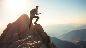 Person climbing steep mountain representing exponential growth trajectory, determined expression, dynamic upward movement, bright sunlight, realistic landscape background, motivational atmosphere