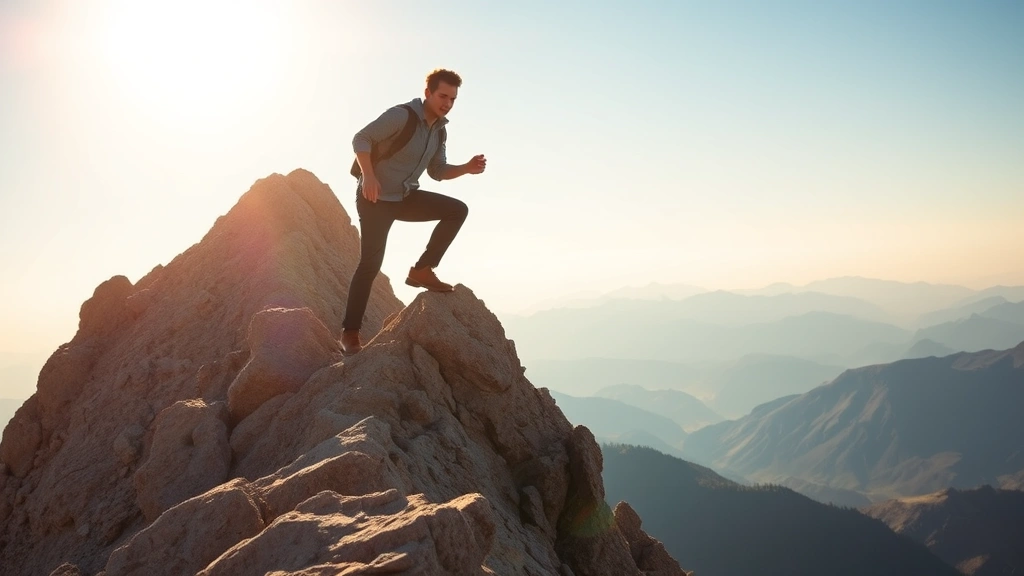 Person climbing steep mountain representing exponential growth trajectory, determined expression, dynamic upward movement, bright sunlight, realistic landscape background, motivational atmosphere