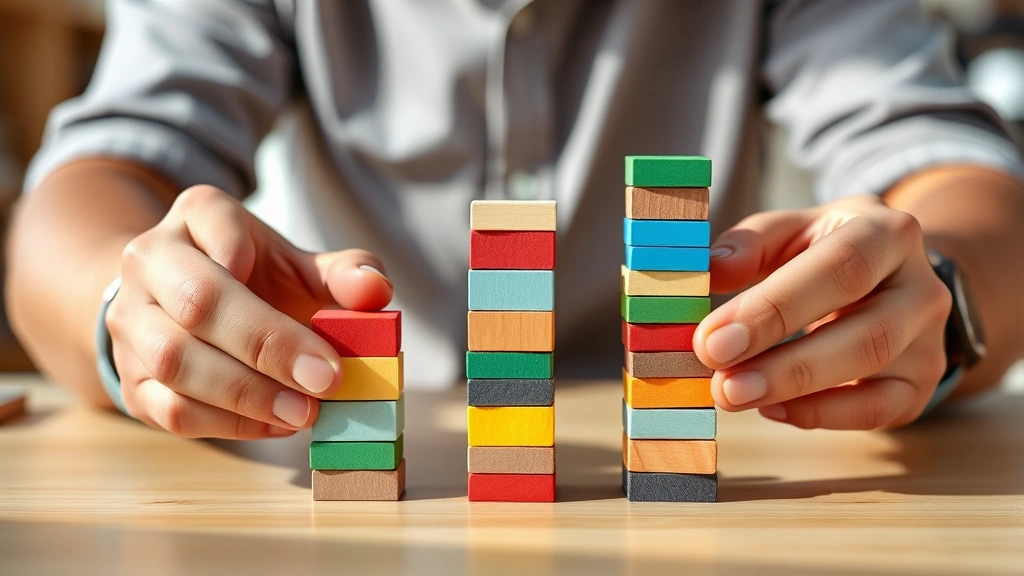 Hands stacking colorful blocks in increasing height pattern, symbolizing compound growth, focused concentration, bright workspace, natural lighting, no labels