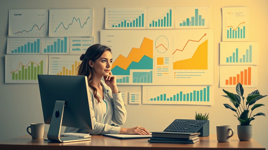Woman at desk surrounded by growth charts and data visualizations, thoughtful pose at computer, representing strategic planning and understanding growth patterns