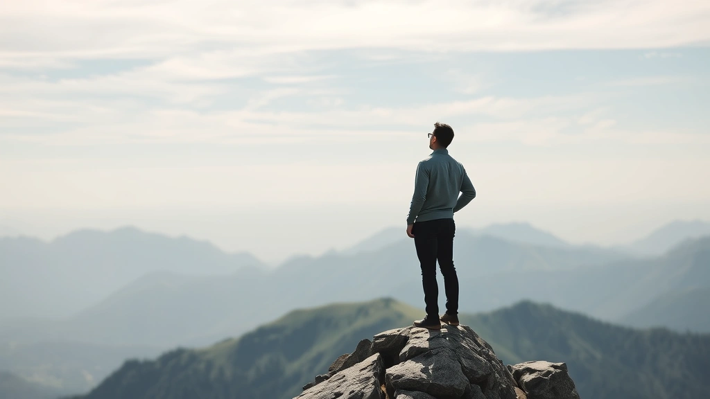 Person reaching plateau on mountain peak with sustainable view ahead, peaceful contemplation, balanced posture, representing logistic growth equilibrium, natural scenery, calm confident demeanor