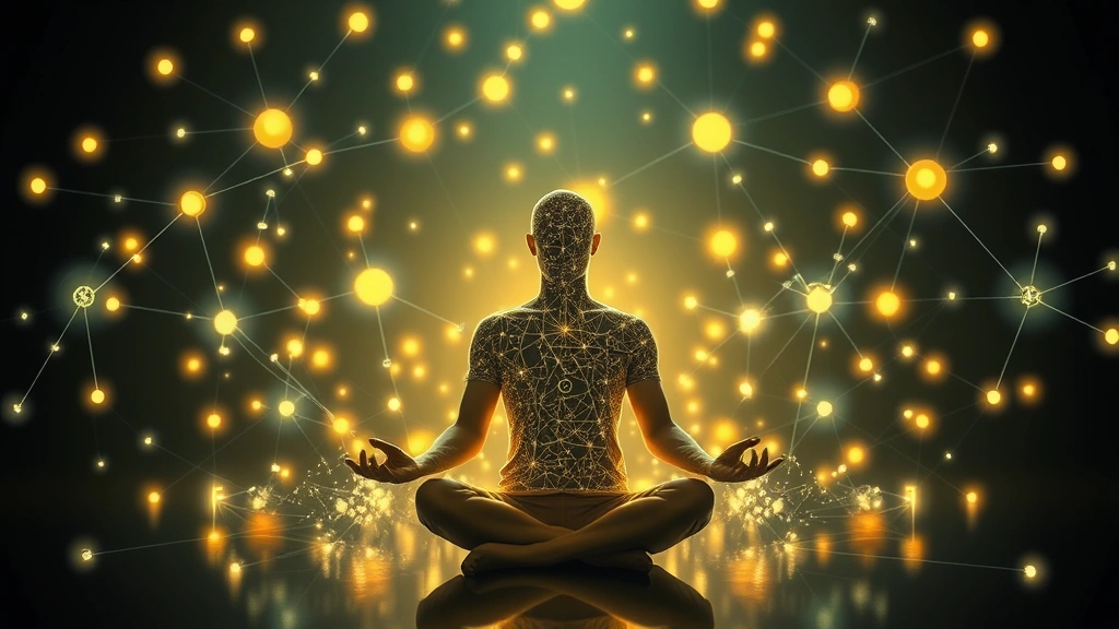 Individual meditating with growth visualization, surrounded by interconnected glowing nodes representing knowledge networks, serene environment, inspirational atmosphere, no text