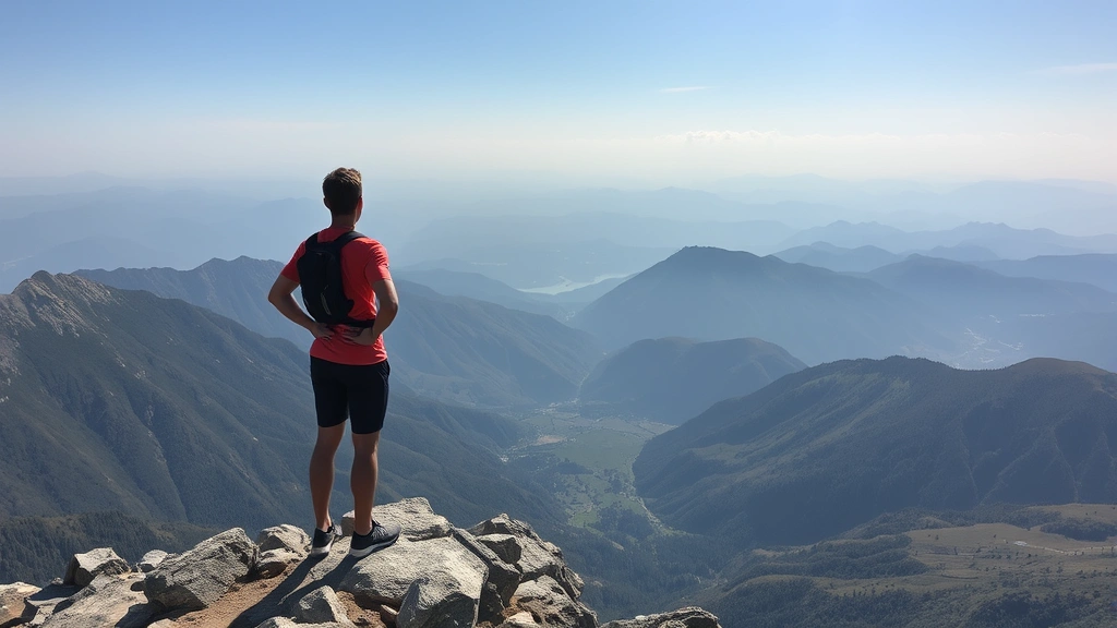Athlete at plateau of mountain overlooking valley, peaceful acceptance posture, representing reaching natural limits and embracing sustainable progress
