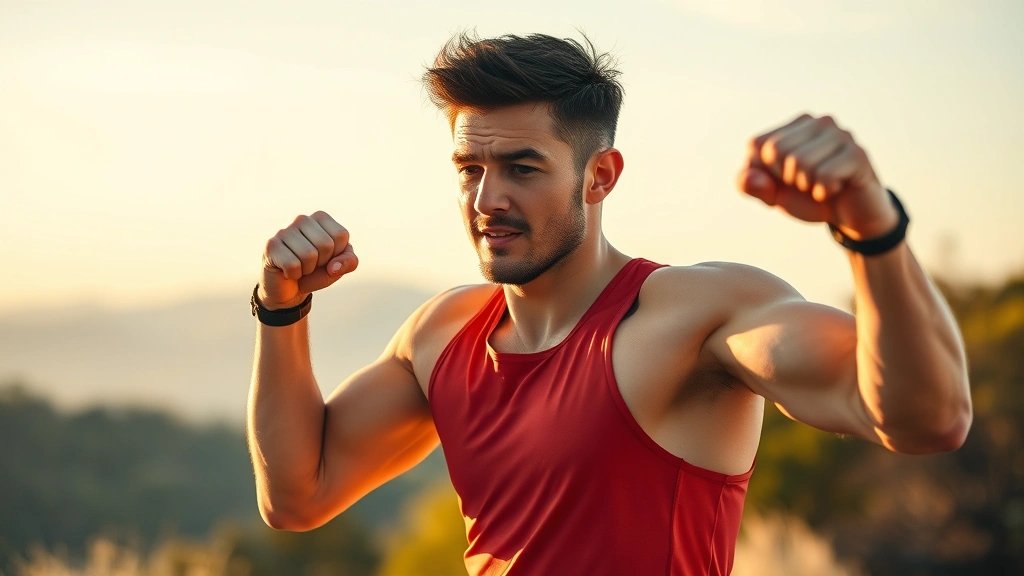 Individual doing challenging exercise outdoors, determined face, natural scenery background, athletic wear, moment of exertion showing commitment, golden hour lighting, realistic athletic movement, motivational body language