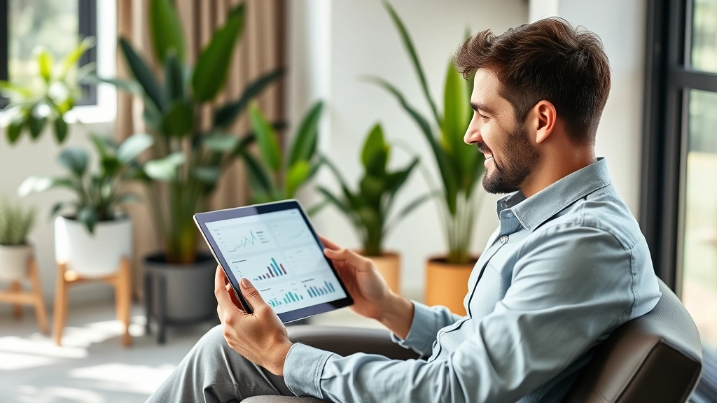 Person reviewing charts and metrics on a tablet while sitting in modern home office, satisfied expression, data visualization visible on screen, plants and natural elements in background, professional yet comfortable setting, natural lighting