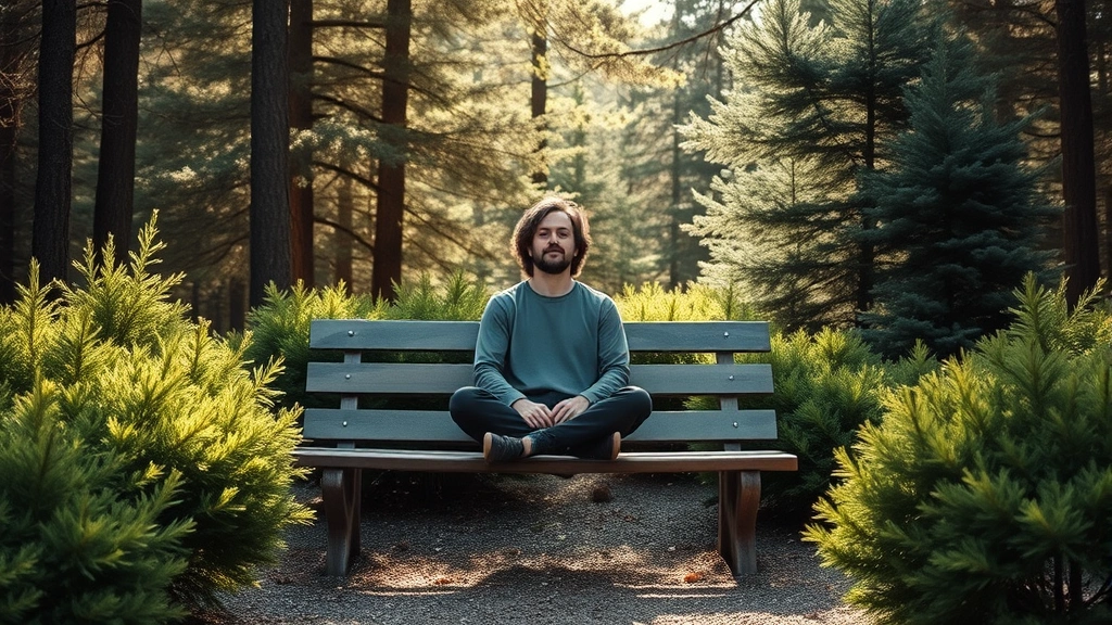 Person sitting peacefully on a forest bench surrounded by evergreen shrubs, sunlight filtering through branches, embodying calm sustainable growth and intentional living