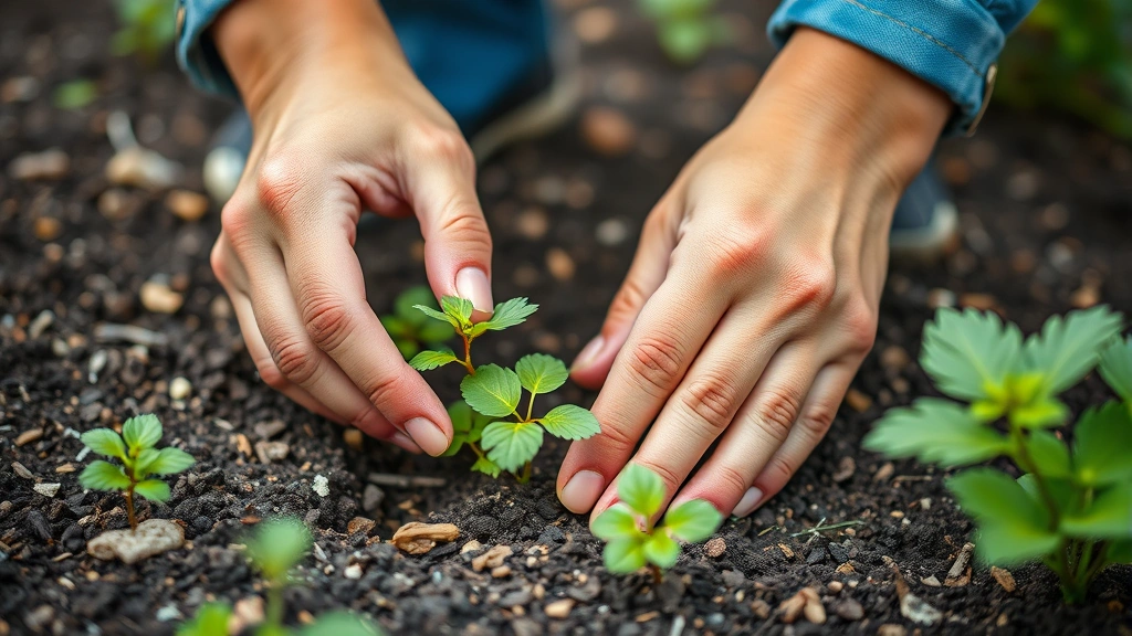 Close-up of hands carefully tending to low-growing plants in a garden bed, showing dedication to quality over quantity, mindful cultivation and patient stewardship