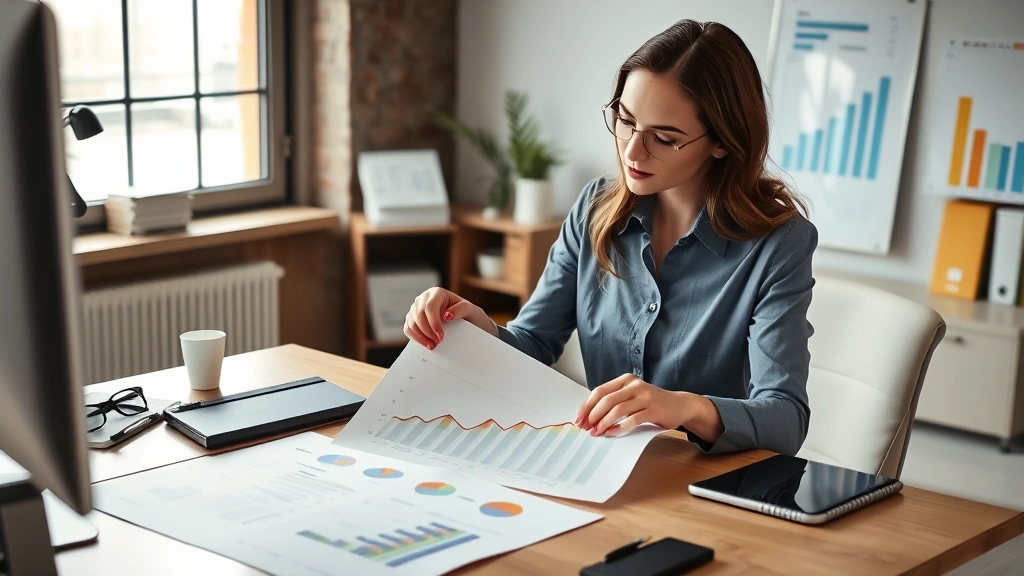 Professional woman at desk reviewing progress charts showing steady, consistent upward trajectory over months, representing sustainable measured advancement and strategic planning