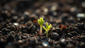 Close-up of delicate alpine plant seedlings emerging from rich dark soil, morning dew glistening, soft natural light, shallow depth of field, peaceful garden setting, growth beginning to show