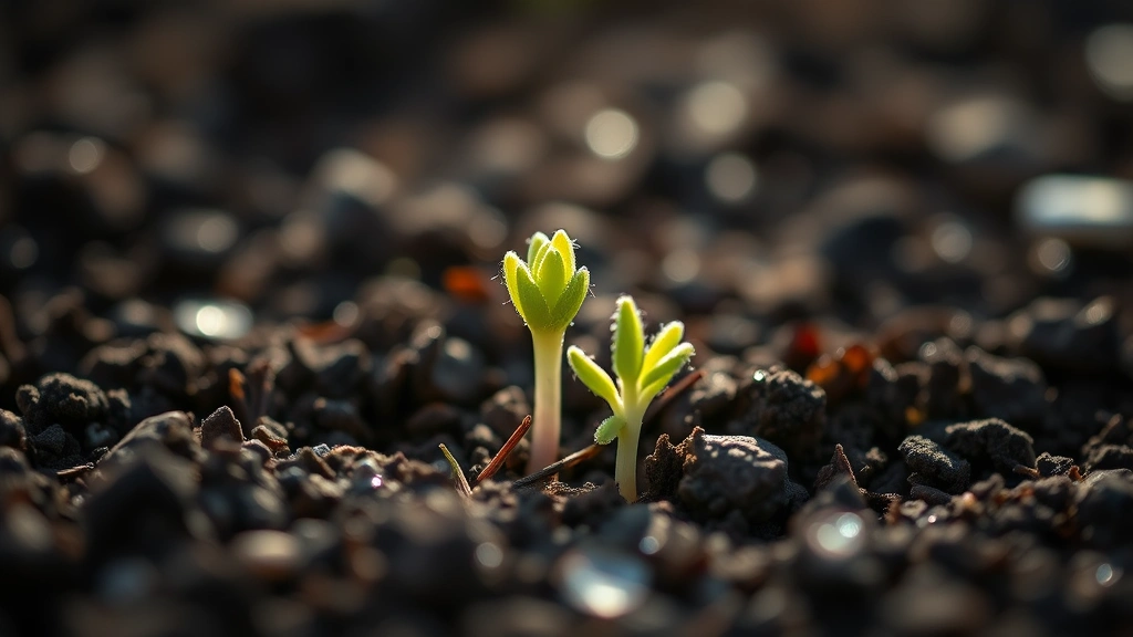 Close-up of delicate alpine plant seedlings emerging from rich dark soil, morning dew glistening, soft natural light, shallow depth of field, peaceful garden setting, growth beginning to show