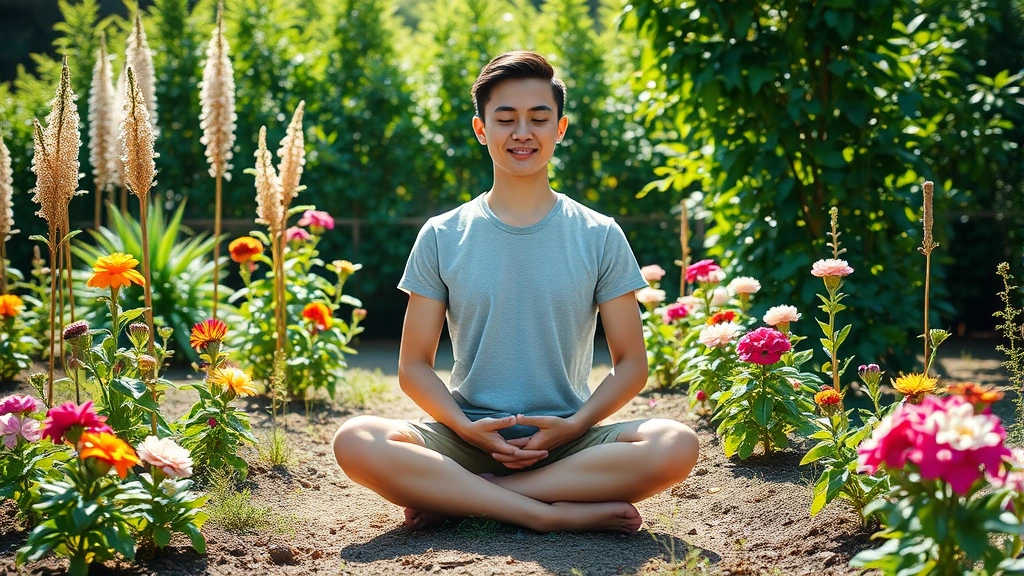 Person sitting cross-legged in meditation pose outdoors among flowering plants, natural sunlight, calm expression, representing patience and mindful growth, serene garden backdrop