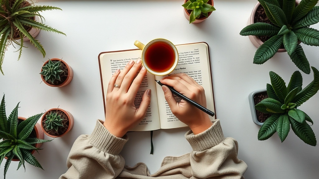 Overhead view of person's hands journaling or writing with a cup of tea nearby, surrounded by potted plants and natural light, representing reflection and intentional personal development