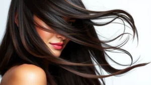 Woman with thick, healthy, shiny dark hair flowing naturally, professional headshot showing confidence and vitality, soft lighting highlighting hair texture and volume, no text visible