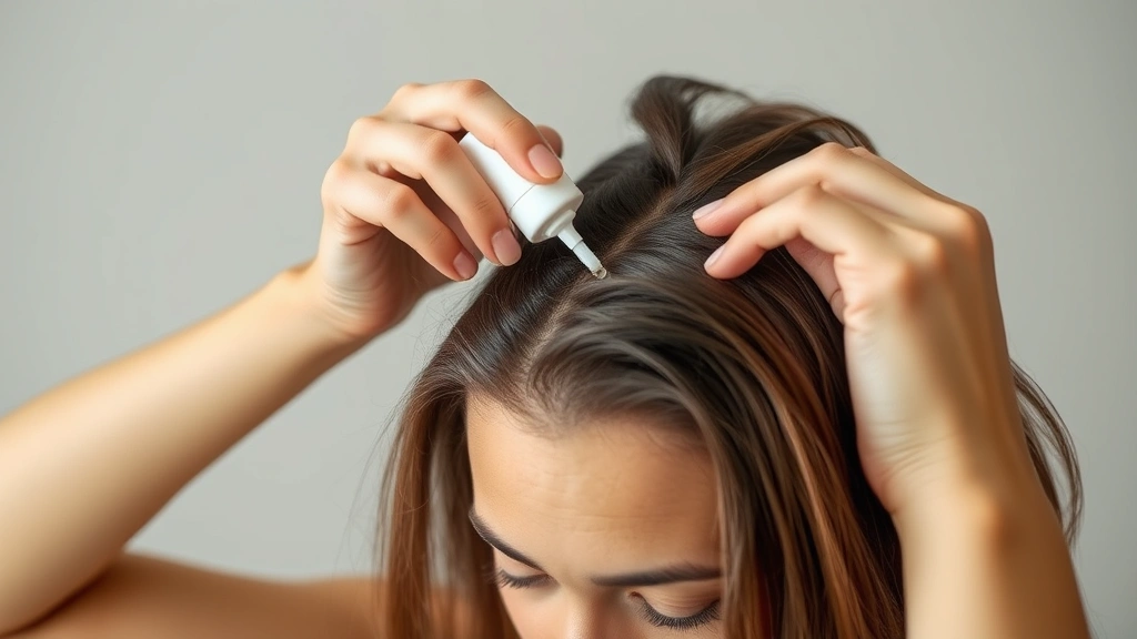 Person applying hair serum to scalp with focused determination, natural lighting, demonstrating proper hair care routine, realistic texture and application technique