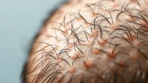 Close-up of healthy scalp with new hair growth emerging, professional dermatological photography showing hair follicles and scalp health, natural lighting, macro detail, scientific aesthetic