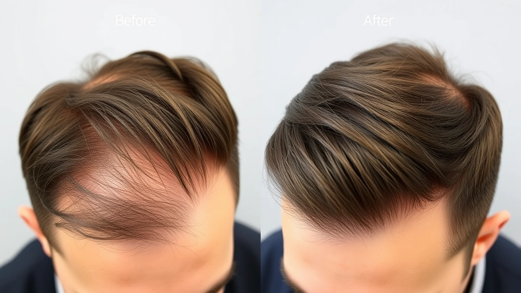 Before and after hair density comparison showing fuller, healthier hair growth results, side-by-side scalp photography demonstrating improvement, professional documentation style, clear evidence of hair thickness increase