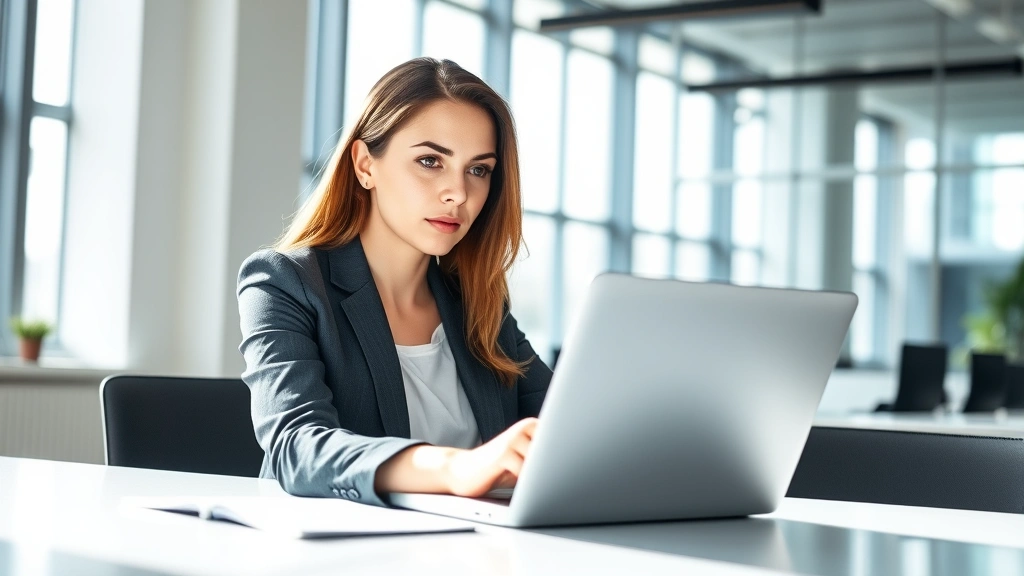 Professional woman reviewing financial growth charts on a laptop in a modern office, sunlight streaming through windows, determined focused expression, wearing business casual attire, minimalist desk setup