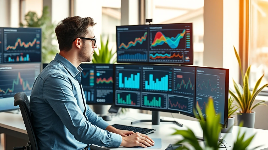 Male entrepreneur analyzing strategic business metrics displayed on multiple monitors, sleek contemporary workspace, confident posture, warm natural lighting, modern office environment with plants