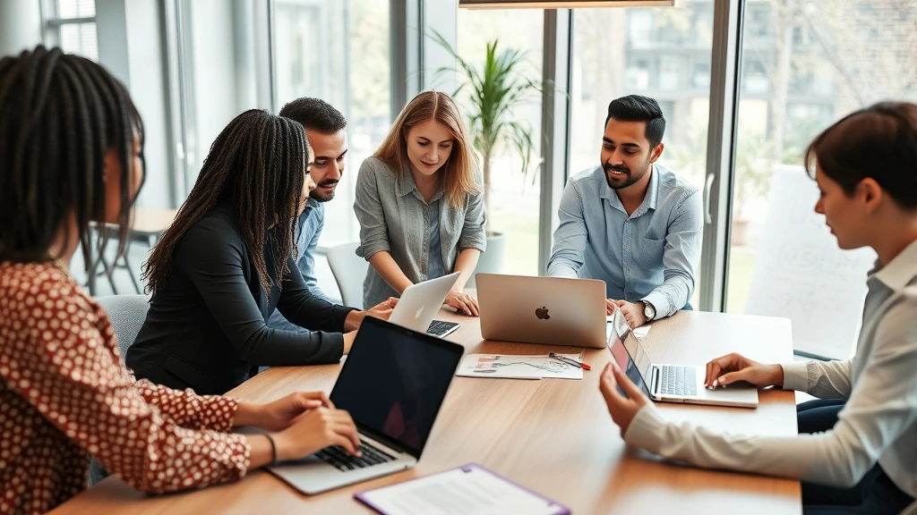 Team of diverse professionals collaborating around a conference table with laptops and notebooks, engaged discussion about growth strategy, bright natural light, contemporary collaborative workspace