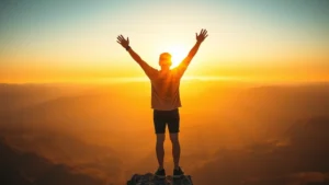 Person standing at sunrise on a mountain peak, arms raised in triumph, looking toward a vast landscape of possibilities, golden light illuminating their face, representing breakthrough and personal achievement