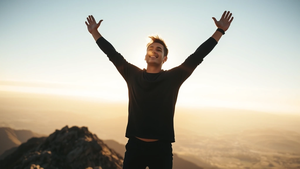 Person standing at mountain summit at golden hour, arms raised in triumph, vast landscape below, warm sunlight illuminating their face, expression of pure joy and accomplishment