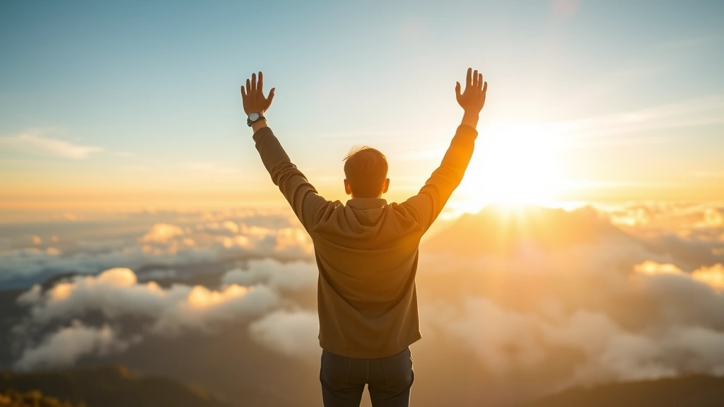 Person standing at sunrise on mountain peak, arms raised in triumph, surrounded by clouds, golden light illuminating face, expression of joy and accomplishment, peaceful landscape below
