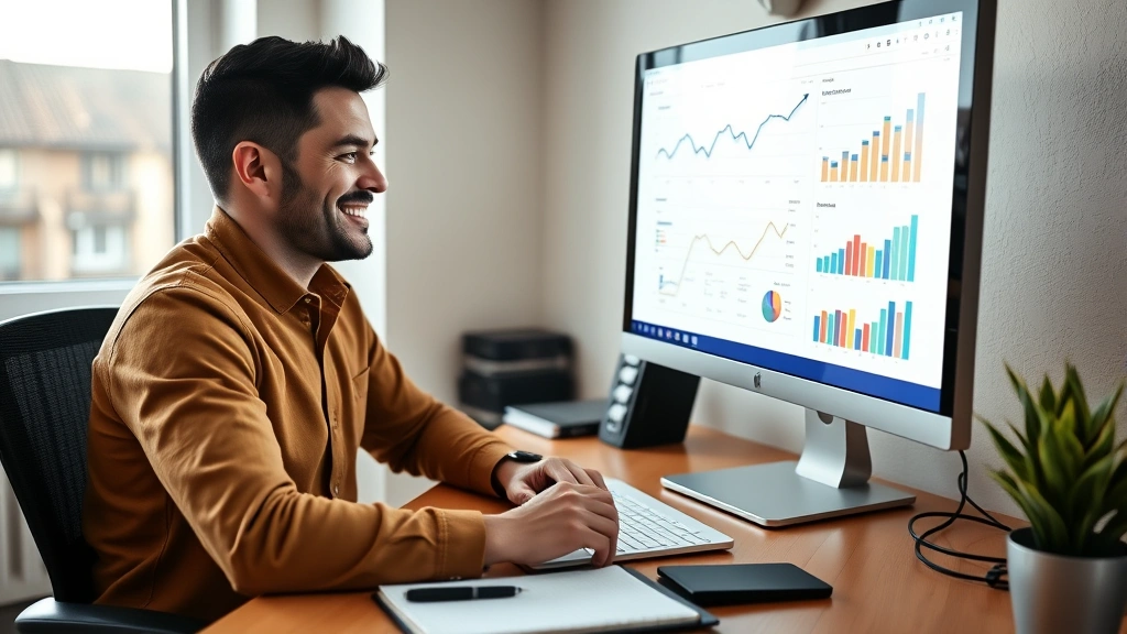 Individual sitting at desk reviewing progress charts and metrics on computer screen, satisfied smile, morning light through window, notebook and pen nearby showing active engagement