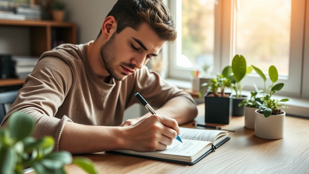 Individual writing goals in journal at wooden desk with plants, morning light through window, focused determined expression, pen touching paper, growth chart visible