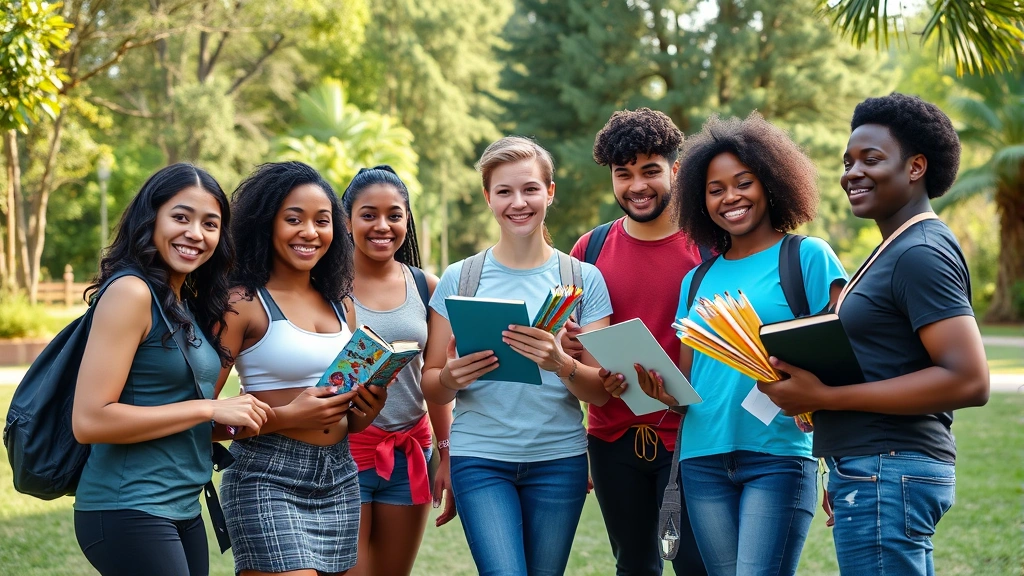 Group of diverse people in circle during outdoor setting, each showing progress in different areas - one holding athletic gear, one with books, one with art supplies, celebrating together