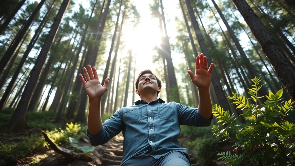 Person climbing ascending path through forest, determined expression, hands reaching upward, sunlight filtering through trees, visual representation of steady progress and upward momentum