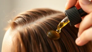 Close-up of healthy scalp with visible hair follicles and natural shine, person applying nourishing oil with dropper, warm lighting highlighting hair texture and wellness