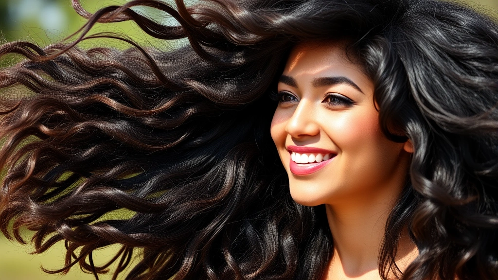 Woman with thick, voluminous hair flowing naturally in sunlight, confident expression, healthy scalp visible at roots, embodying hair growth success and self-care achievement