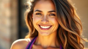 A woman with glowing, healthy skin and thick shiny hair, smiling confidently in natural sunlight, wearing comfortable athletic wear, representing wellness and vitality