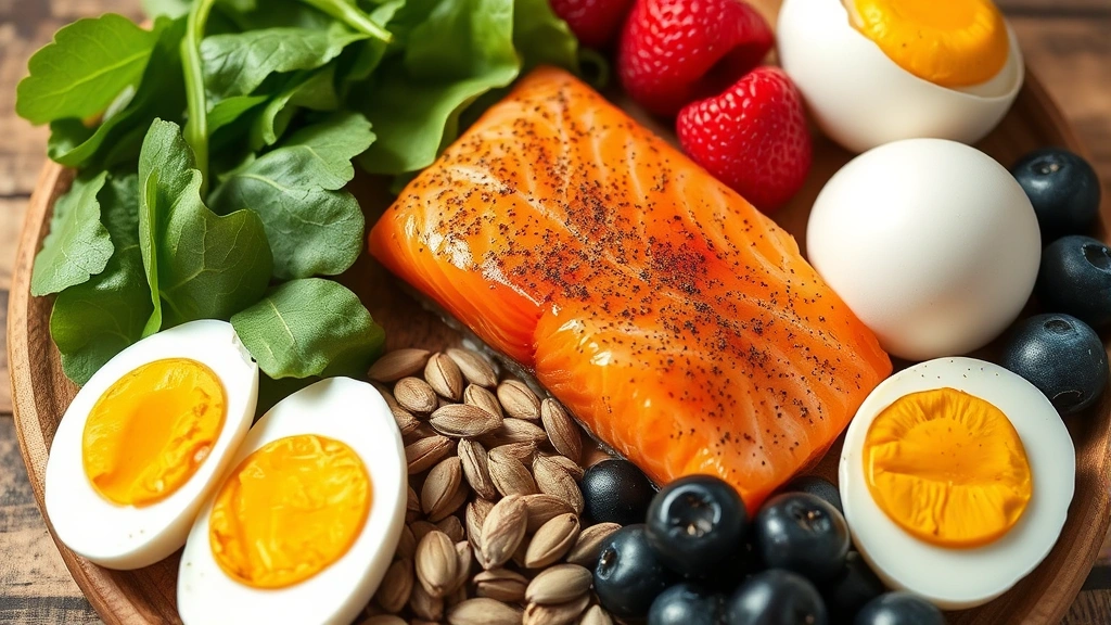 Close-up of nutrient-rich foods arranged beautifully: salmon fillet, spinach, eggs, pumpkin seeds, and berries on a wooden surface, showing healthy eating for hair growth