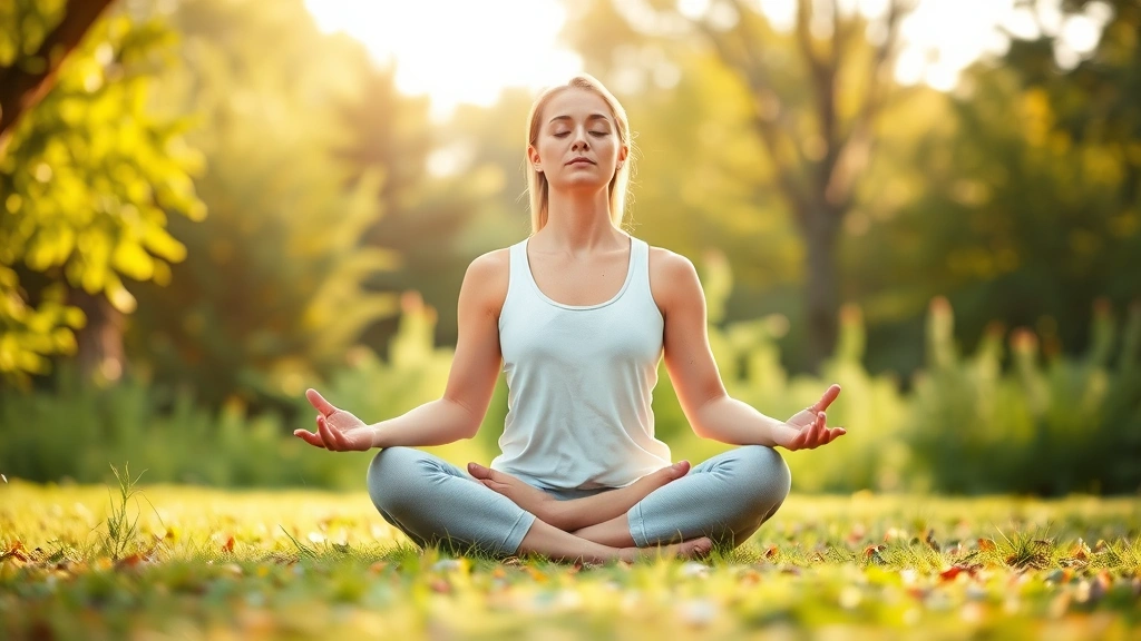 A peaceful person meditating outdoors in nature, sitting cross-legged with eyes closed, surrounded by greenery and soft natural light, embodying stress reduction and wellness