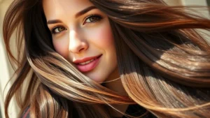 Woman with visibly thick, shiny, healthy hair flowing naturally, outdoor sunlit setting, confident expression, close-up of hair texture showing vitality and strength, photorealistic