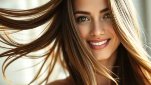 Woman with visibly healthy, shiny hair flowing in natural light, showing confidence and vitality, close-up of hair texture and shine, no text or products visible, realistic photographic style, wellness-focused aesthetic