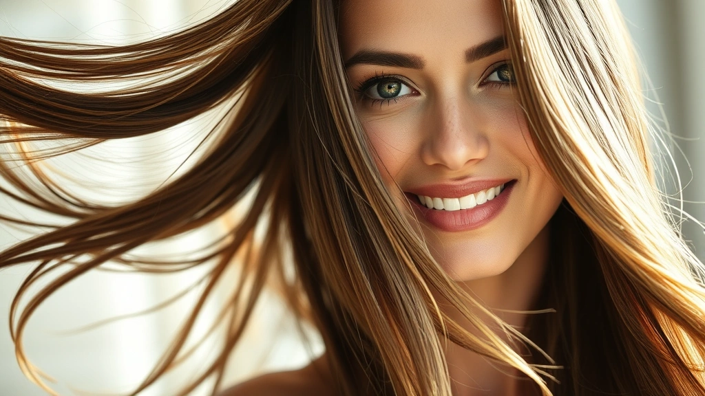 Woman with visibly healthy, shiny hair flowing in natural light, showing confidence and vitality, close-up of hair texture and shine, no text or products visible, realistic photographic style, wellness-focused aesthetic