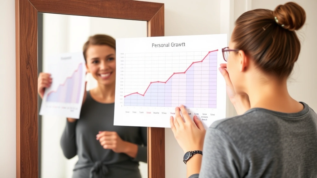 Person measuring their personal growth journey with a progress chart, standing before a mirror with a satisfied expression, showing self-improvement mindset, natural lighting, no visible text or writing, realistic photography