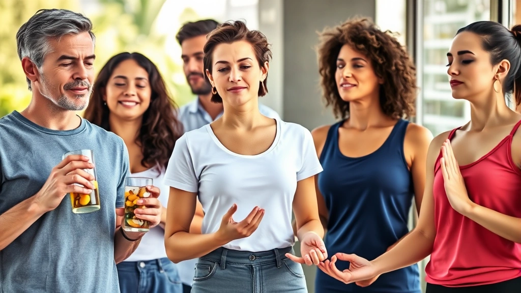 Diverse group of people engaged in wellness activities—one taking supplements with water, another exercising, one meditating—representing holistic health approach, natural outdoor or bright indoor setting, photorealistic, no text overlays