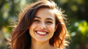 Young woman with radiant, thick hair smiling confidently outdoors in natural sunlight, healthy scalp visible, vibrant expression of wellness and vitality