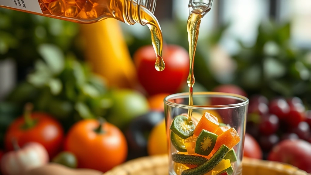 Close-up of liquid multivitamin supplement being poured into a glass with fresh fruits and vegetables blurred in background, representing nutritional abundance