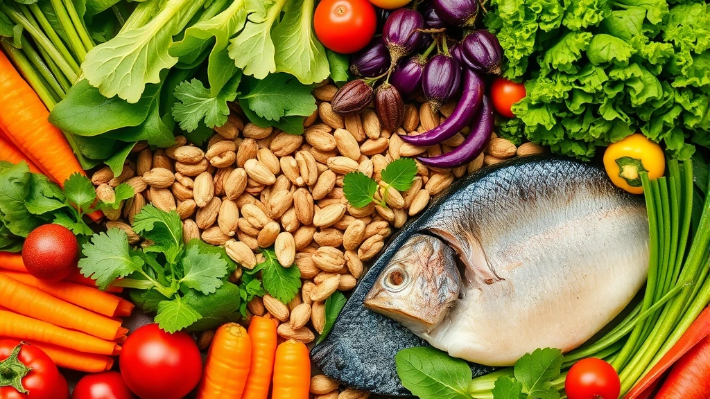 Vibrant array of nutritious whole foods including leafy greens, colorful vegetables, nuts, and fish arranged beautifully, representing balanced nutrition and dietary support for hair health