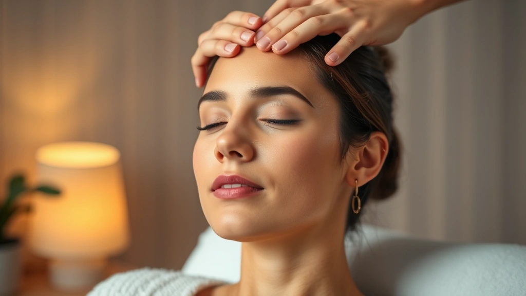 Person performing scalp massage with gentle finger pressure, serene expression, warm indoor lighting reflecting relaxation and self-care wellness routine